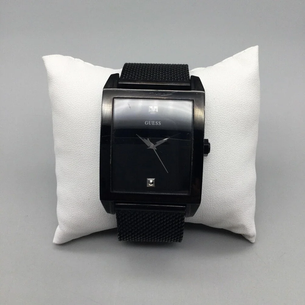 Guess U0298G1 Mens Watch 36mm Black Dial Black Steel Bracelet New Battery 7.25
